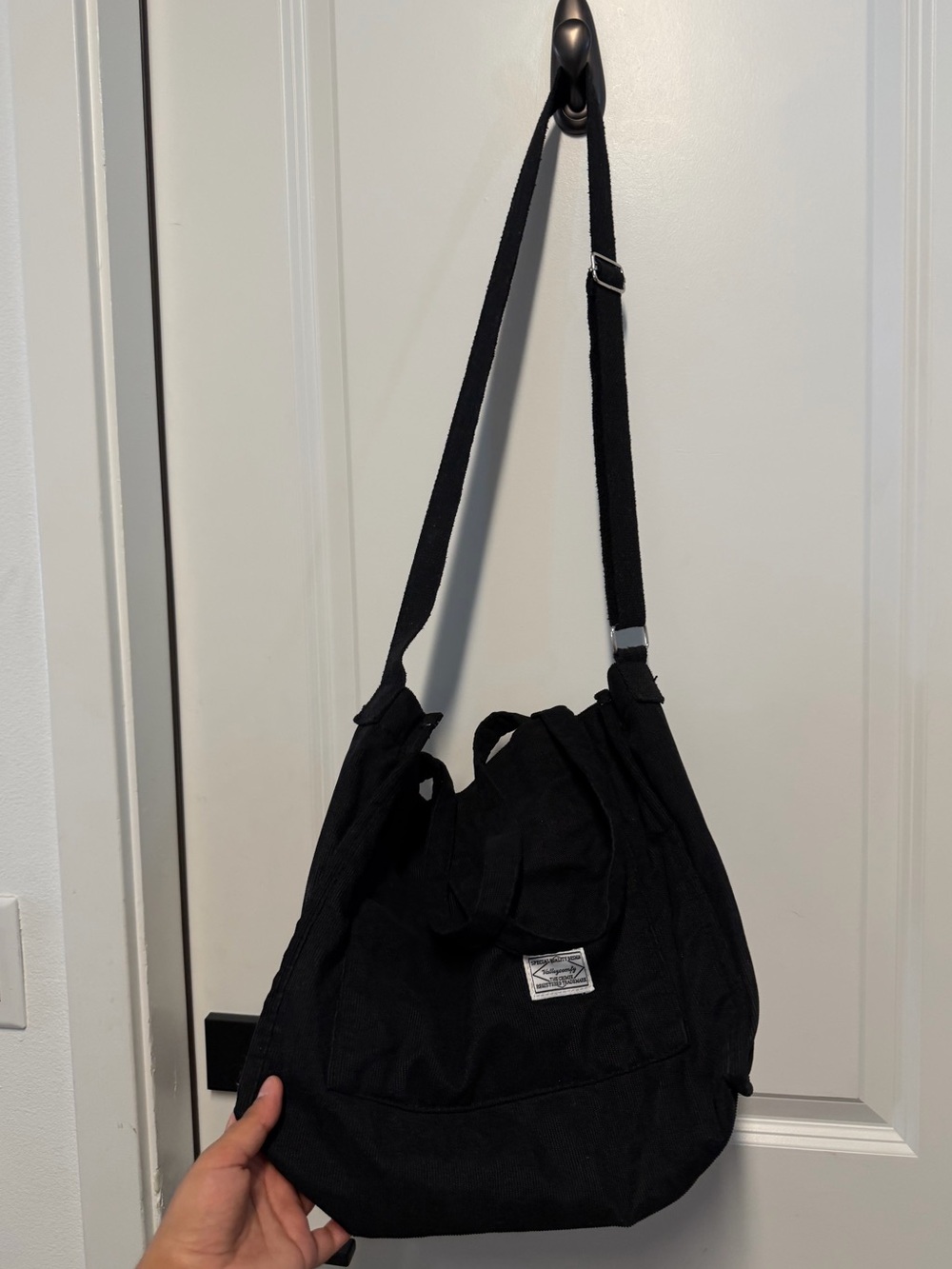 Valleycomfy Black Corduroy Crossbody Tote Bag Adjustable Strap